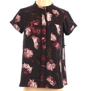 Simply Vera Wang Black & Pink Floral Rose Shortsleeve Button Down Blouse SP
